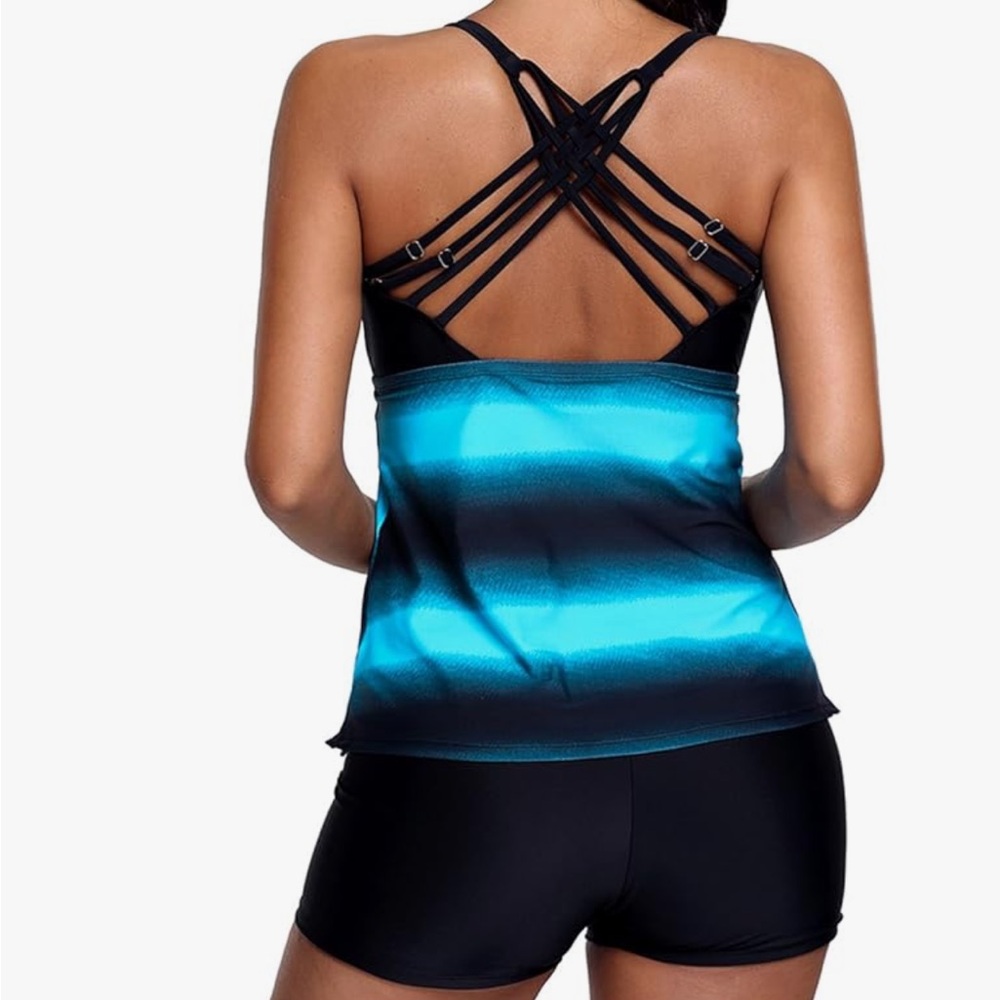 NWOT Two Piece Tankini Bathing Suit with boy shorts Color Block Striped Large - Picture 11 of 15